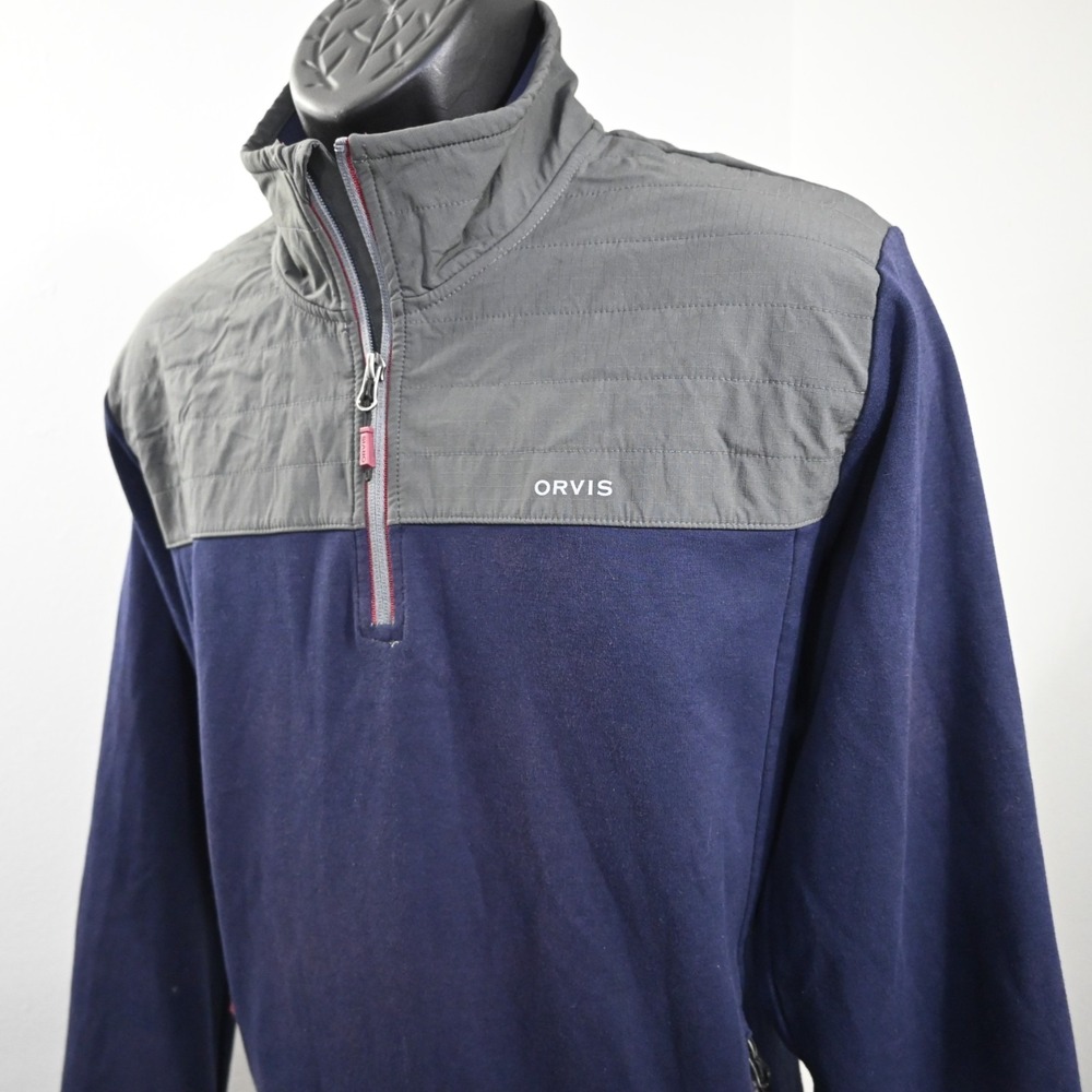 Orvis 1/4 Zip Jacket Mens Large Blue / Gray Pullover W/ Pockets‎ Elbow Pads